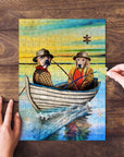 Personalized 2-pet puzzle featuring dogs in a boat fishing, with a watercolor style.