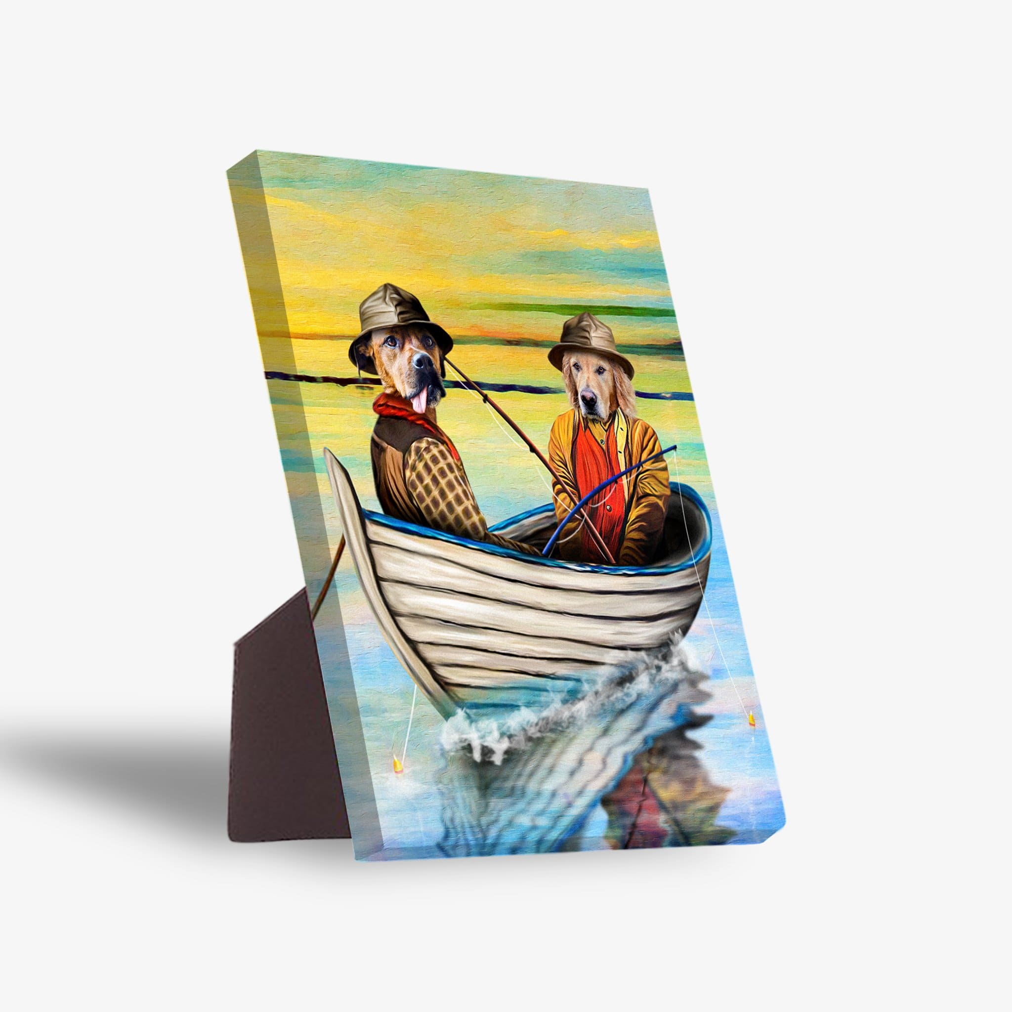 Personalized 'The Fishermen' standing canvas featuring two dogs in a boat, painted in a vibrant, artistic style.