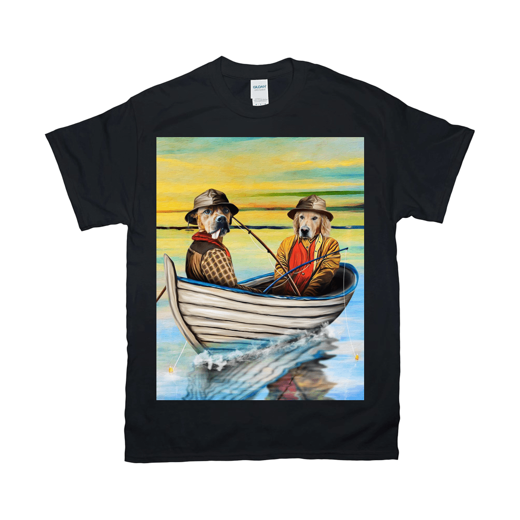 Black Gildan t-shirt with a colorful graphic of two dogs in a fishing boat.