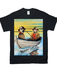 Black Gildan t-shirt with a colorful graphic of two dogs in a fishing boat.
