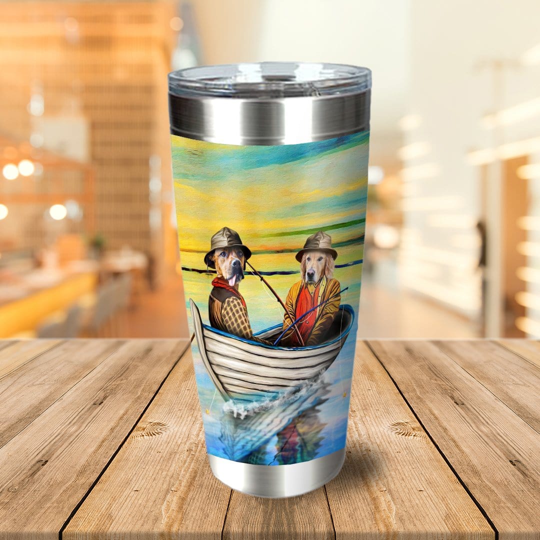 Personalized stainless steel tumbler with two dogs in a boat, fishing, in a vibrant watercolor style.