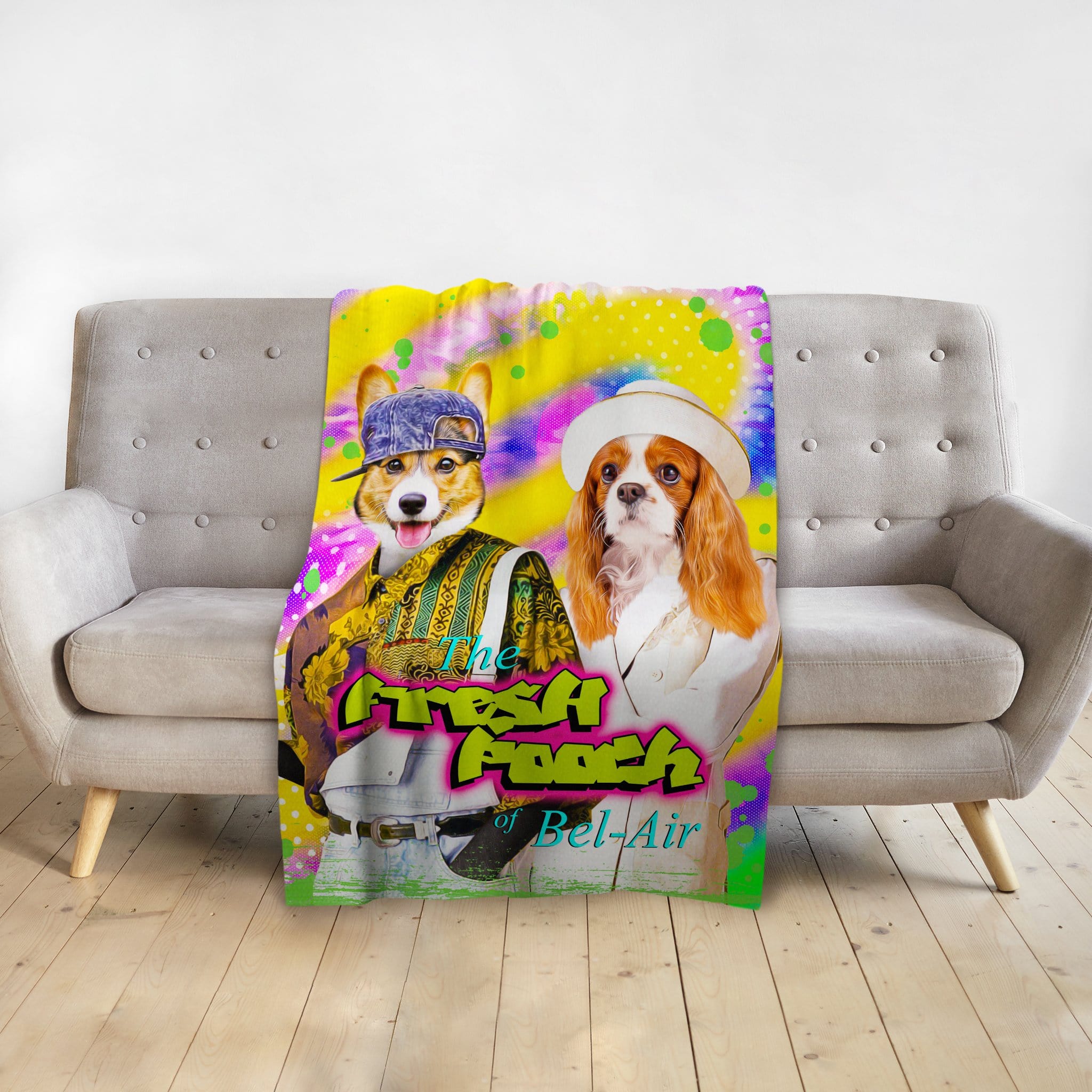 Personalized 2 pet blanket with a corgi and Cavalier King Charles Spaniel in "Fresh Pooch of Bel-Air" style.