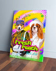 Personalized 'The Fresh Pooch' canvas featuring two pets in 90s outfits on a vibrant background.