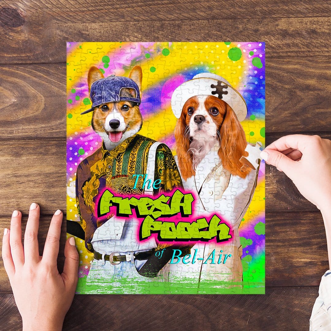 Personalized 'The Fresh Pooch' puzzle featuring two dogs in cartoon outfits, being assembled on wood.
