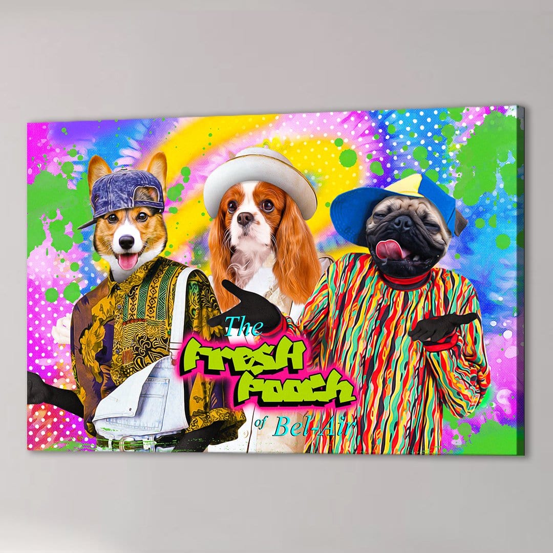 Personalized 'The Fresh Pooch' canvas featuring three pets in colorful 90s-style outfits.