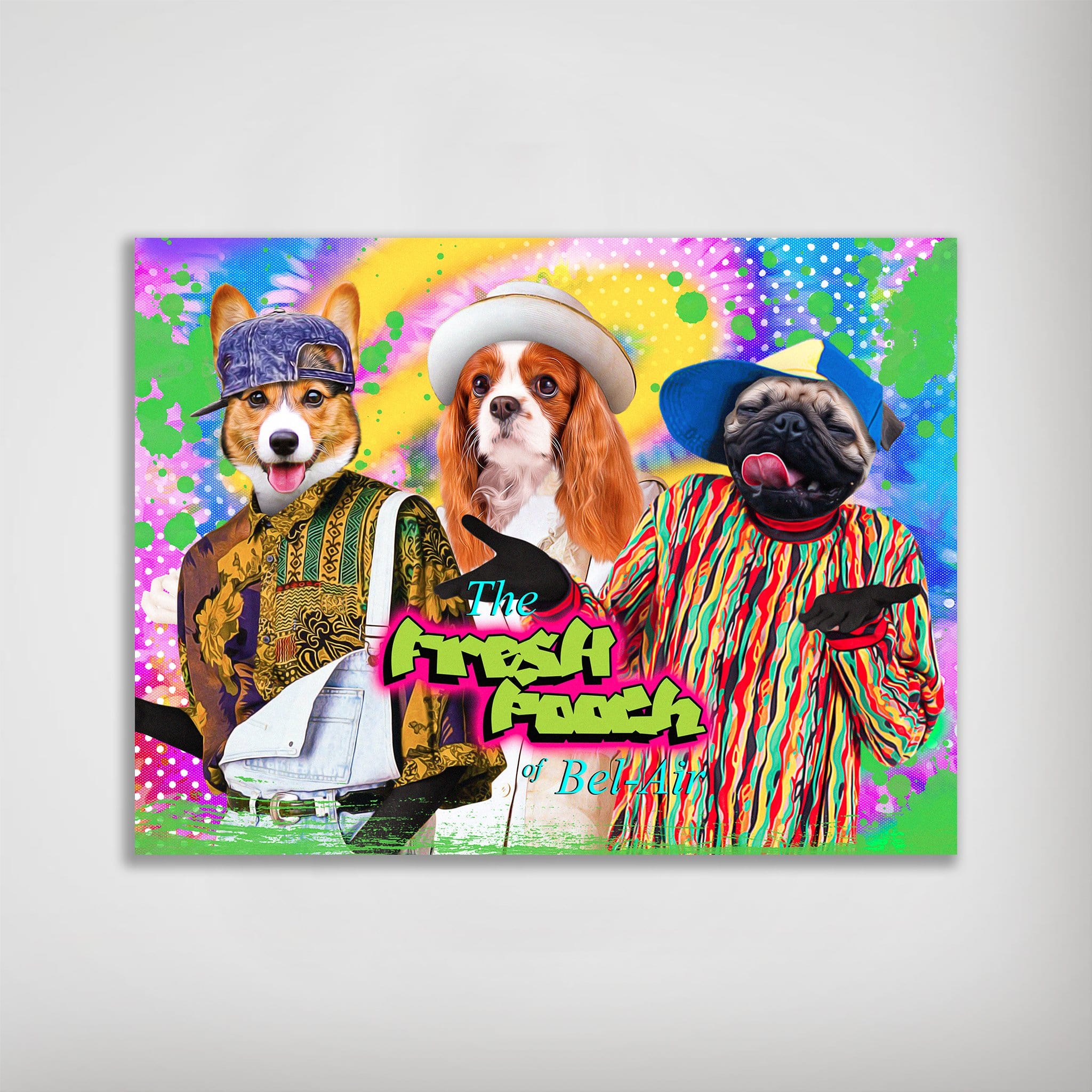 Personalized "The Fresh Pooch" poster featuring three pets in colorful, 90s-style outfits on a vibrant background.