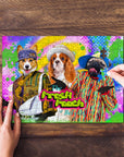 Personalized "Fresh Pooch" puzzle featuring three custom pet portraits in colorful, cartoon-style outfits.