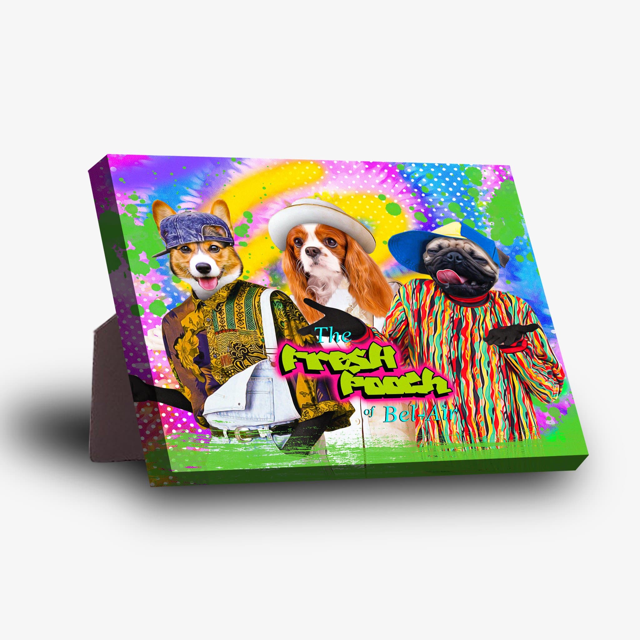 Personalized 'The Fresh Pooch' standing canvas featuring three dogs in colorful 90s outfits on a vibrant background.