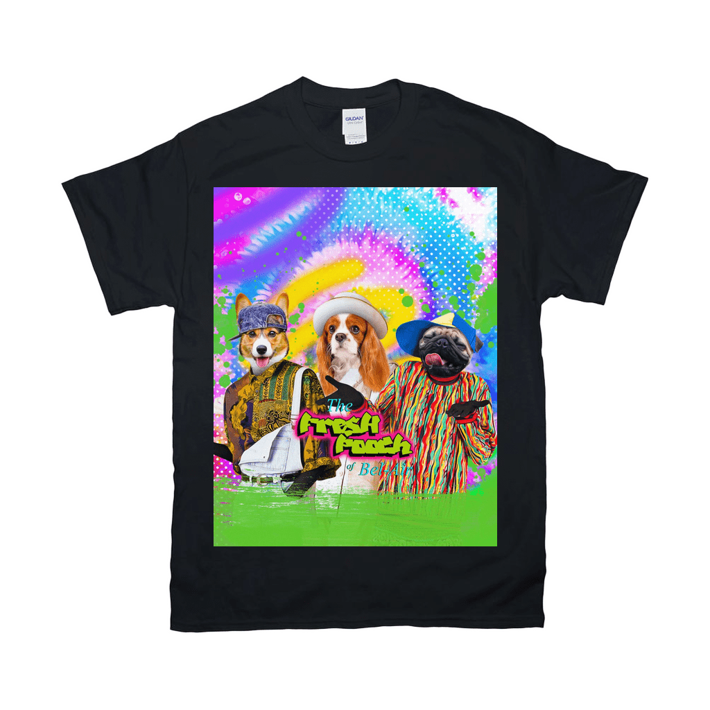 Black Gildan t-shirt with a colorful graphic of three pets dressed in 90s style, "The Fresh Pooch" text.