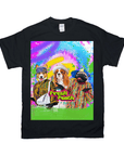 Black Gildan t-shirt with a colorful graphic of three pets dressed in 90s style, "The Fresh Pooch" text.