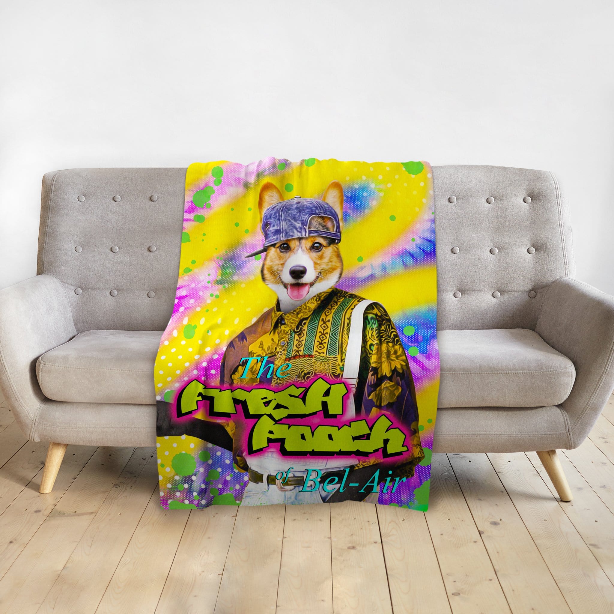 Personalized pet blanket with a corgi in a "Fresh Pooch of Bel-Air" portrait design.