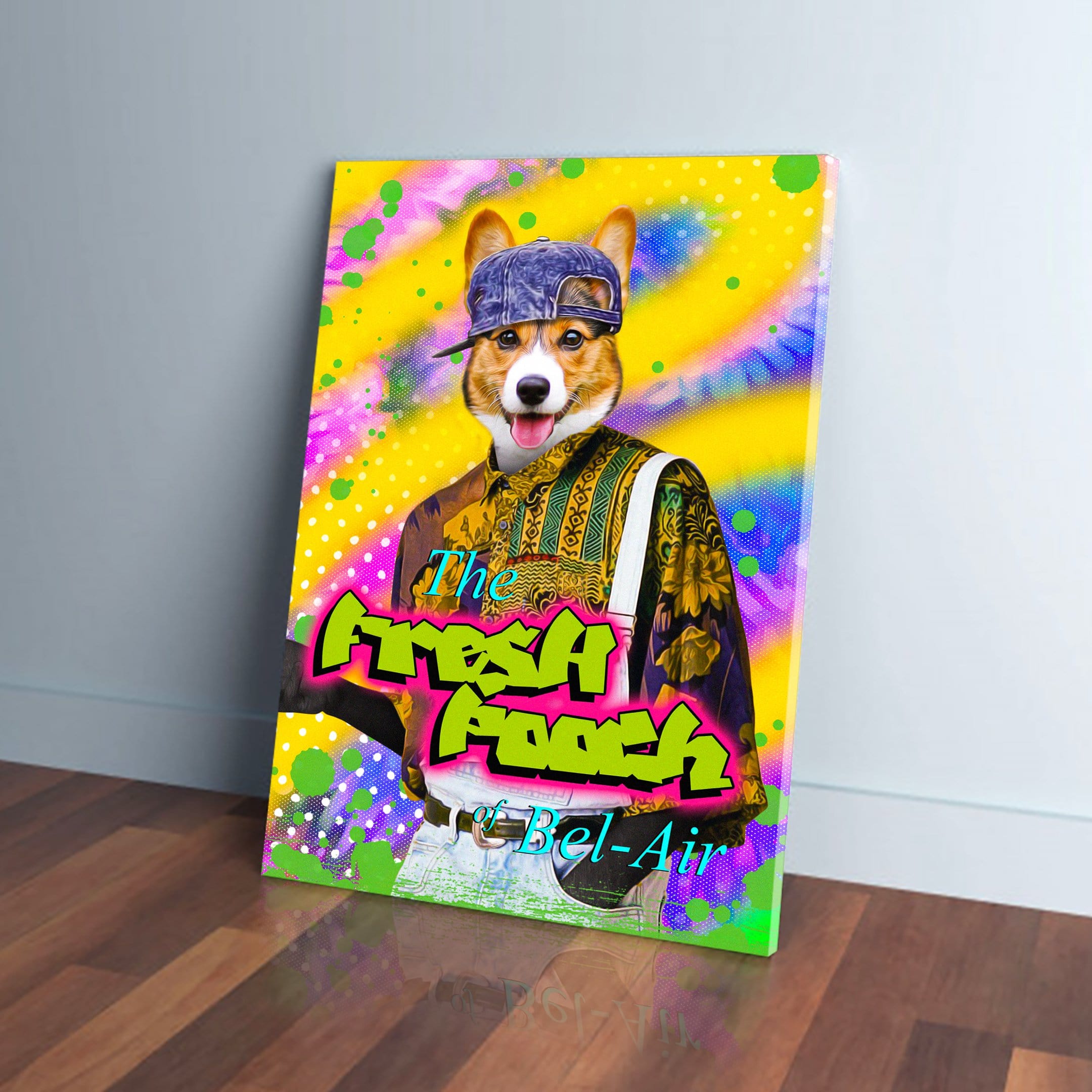 Vibrant "Fresh Pooch" personalized pet canvas featuring a corgi in a denim cap and patterned shirt.