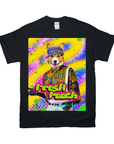 Black Gildan unisex t-shirt with a colorful graphic of a corgi in a hat and patterned shirt, "The Fresh Pooch of Bel-Air" text.