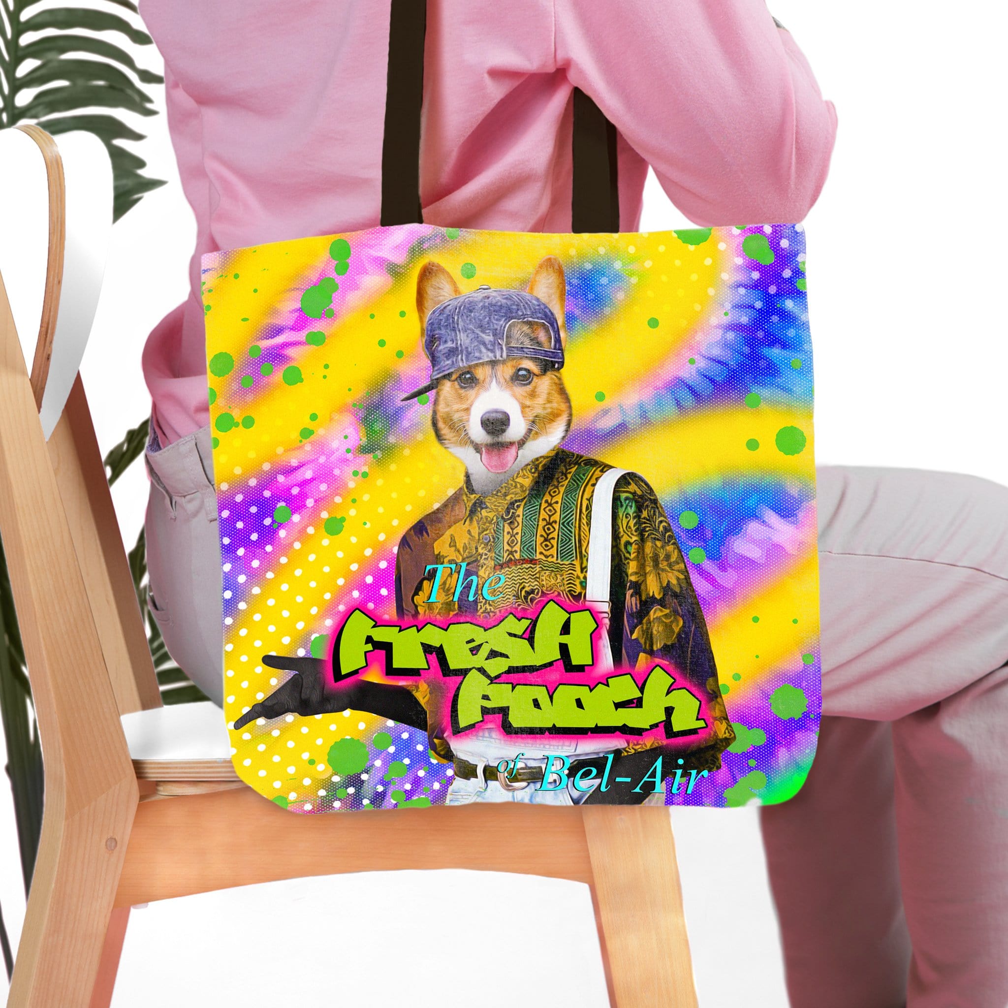 Personalized Fresh Pooch tote bag with a custom cartoon corgi pet portrait in a colorful, vibrant design.
