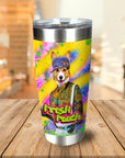 Personalized stainless steel tumbler with a custom cartoon dog portrait in a vibrant, retro style.
