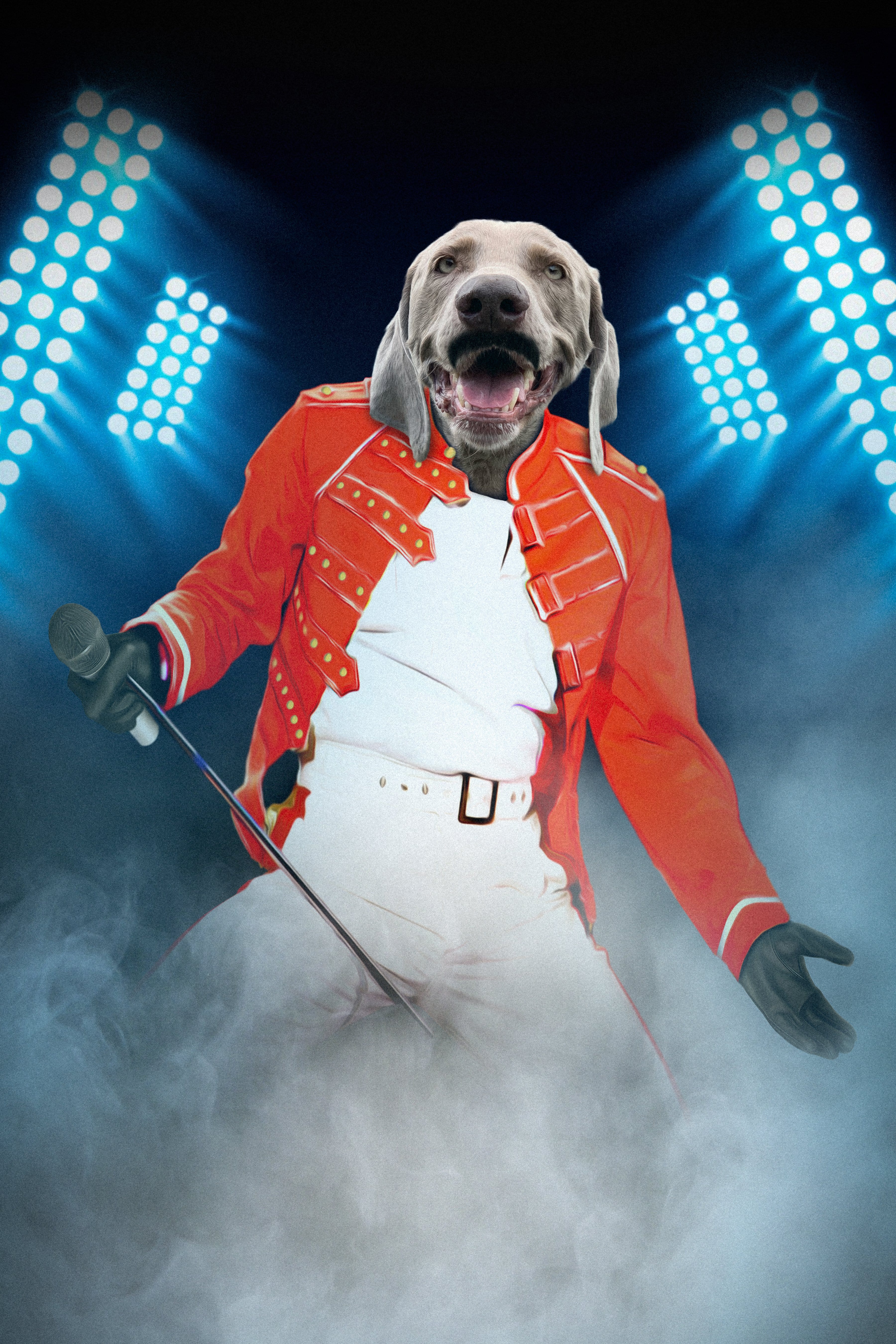 Custom digital portrait of a Weimaraner dog as Freddie Mercury in a red jacket, holding a microphone.