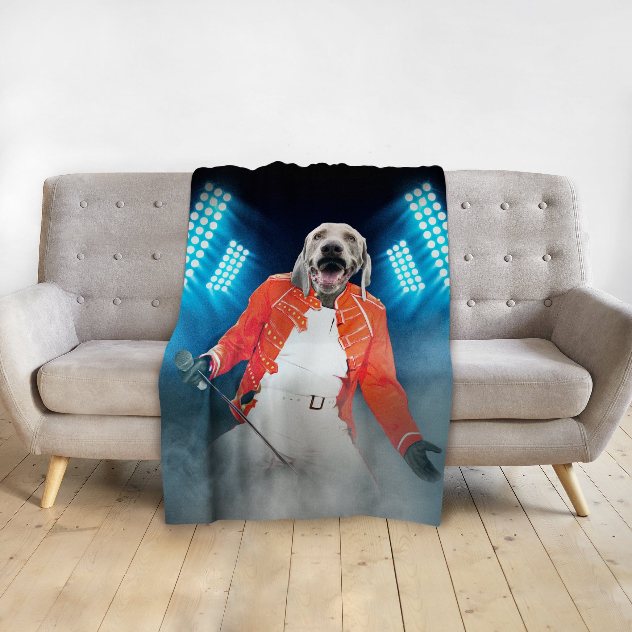 Personalized pet blanket with a Doggovinci portrait of a dog as Freddie Mercury.