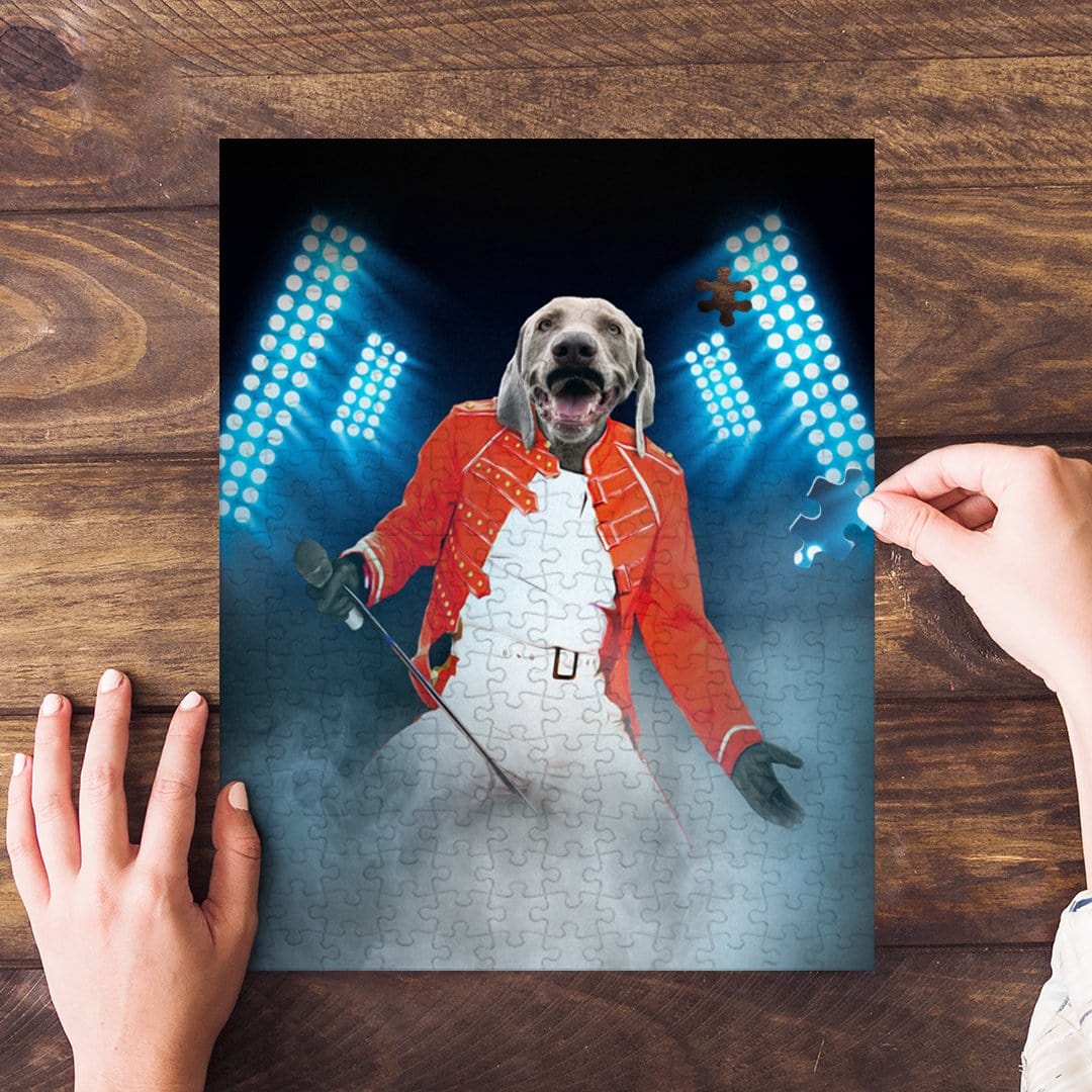 Personalized pet puzzle featuring a dog in a red Mercury-style jacket on a stage with blue lights.
