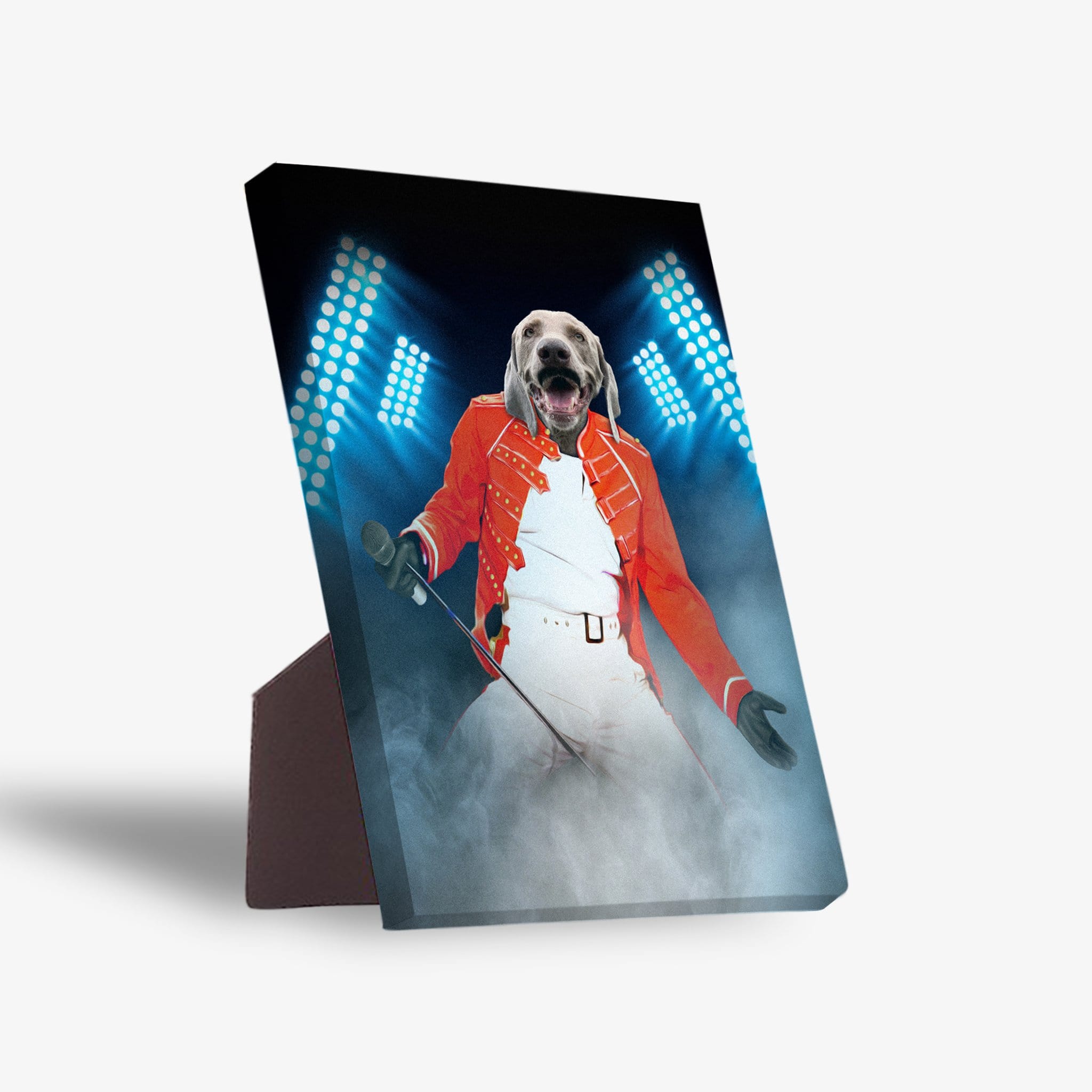 Personalized pet standing canvas featuring a dog's head on a rockstar body in a red jacket, blue stage lights.