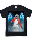 Black Gildan t-shirt with a dog's head on a body in a red jacket, white pants, and a microphone, under blue stage lights.