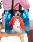 Personalized tote bag with a custom pet portrait of a dog as Freddie Mercury on stage.