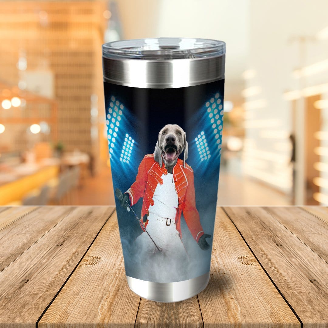 Personalized stainless steel tumbler with a dog in a red jacket, like Freddie Mercury, on stage.