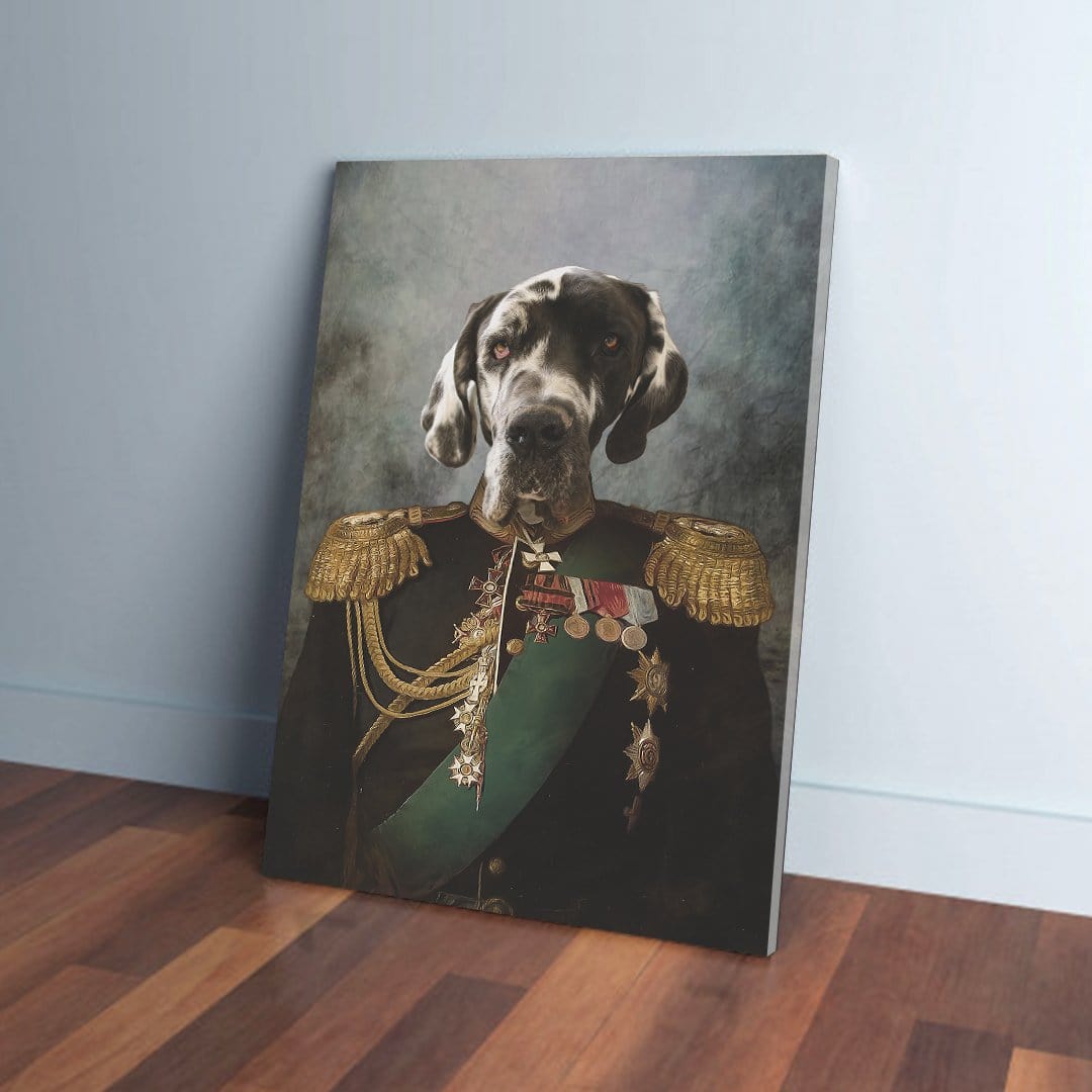 Personalized dog canvas portrait, "The General" style, featuring a Great Dane in a dark military uniform with gold epaulets and medals.