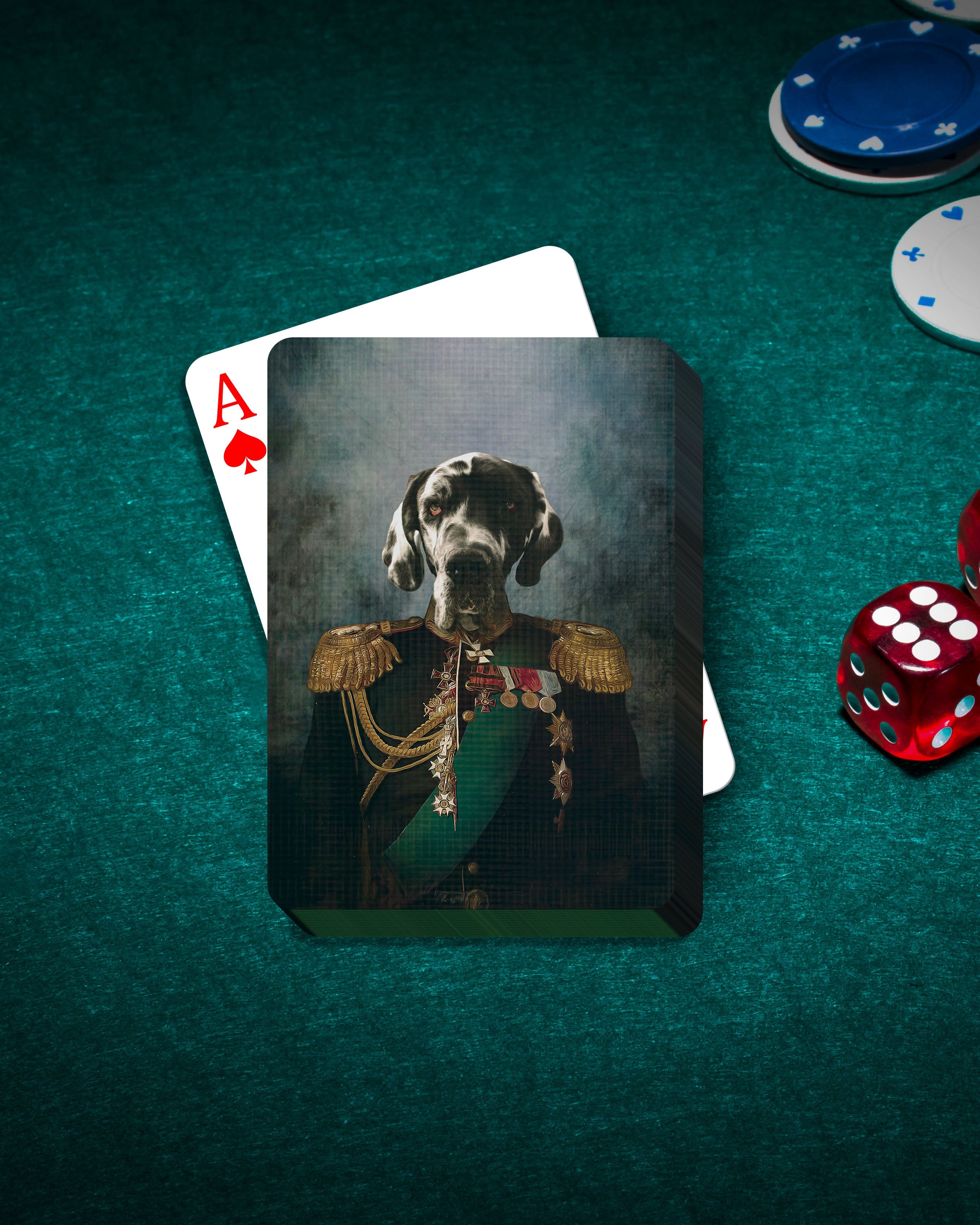 Custom pet portrait playing cards featuring a dog in a General's uniform, on a green poker table with chips and dice.