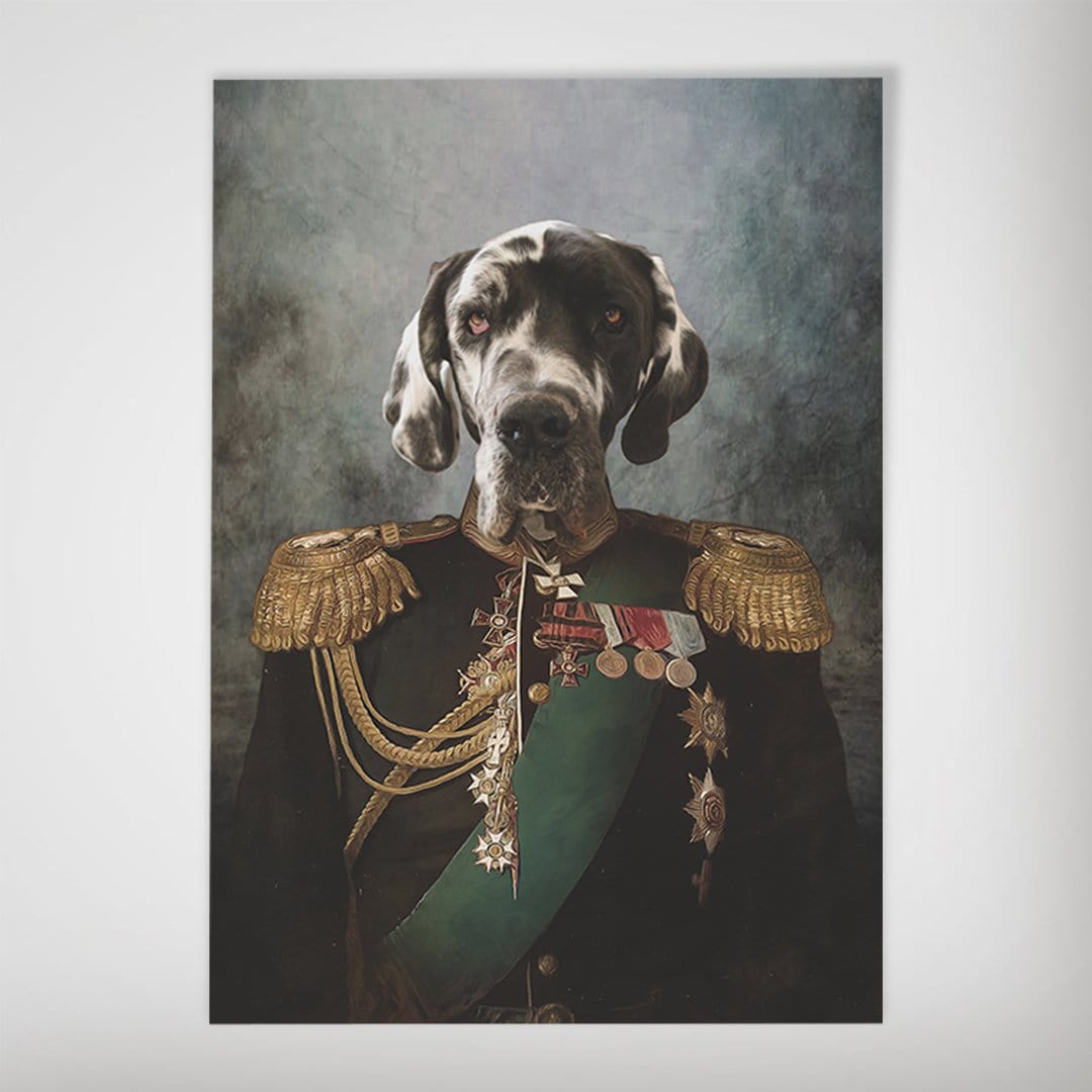 Personalized pet poster featuring a Great Dane in a black general's uniform with gold epaulets and medals.