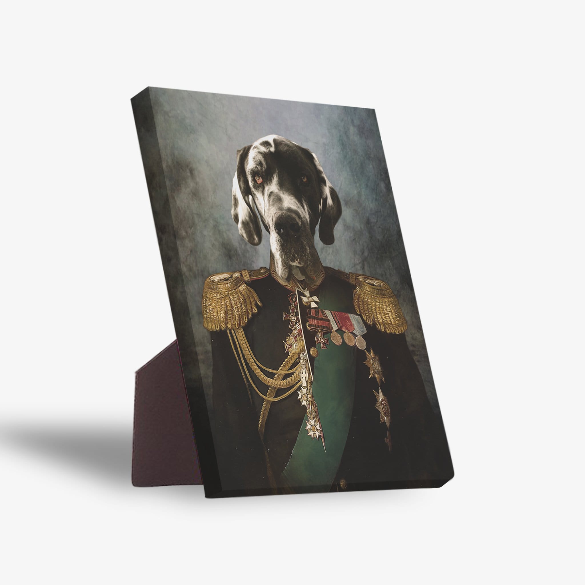 Personalized pet portrait standing canvas featuring a Great Dane in a black and gold General's uniform.