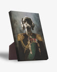 Personalized pet portrait standing canvas featuring a Great Dane in a black and gold General's uniform.