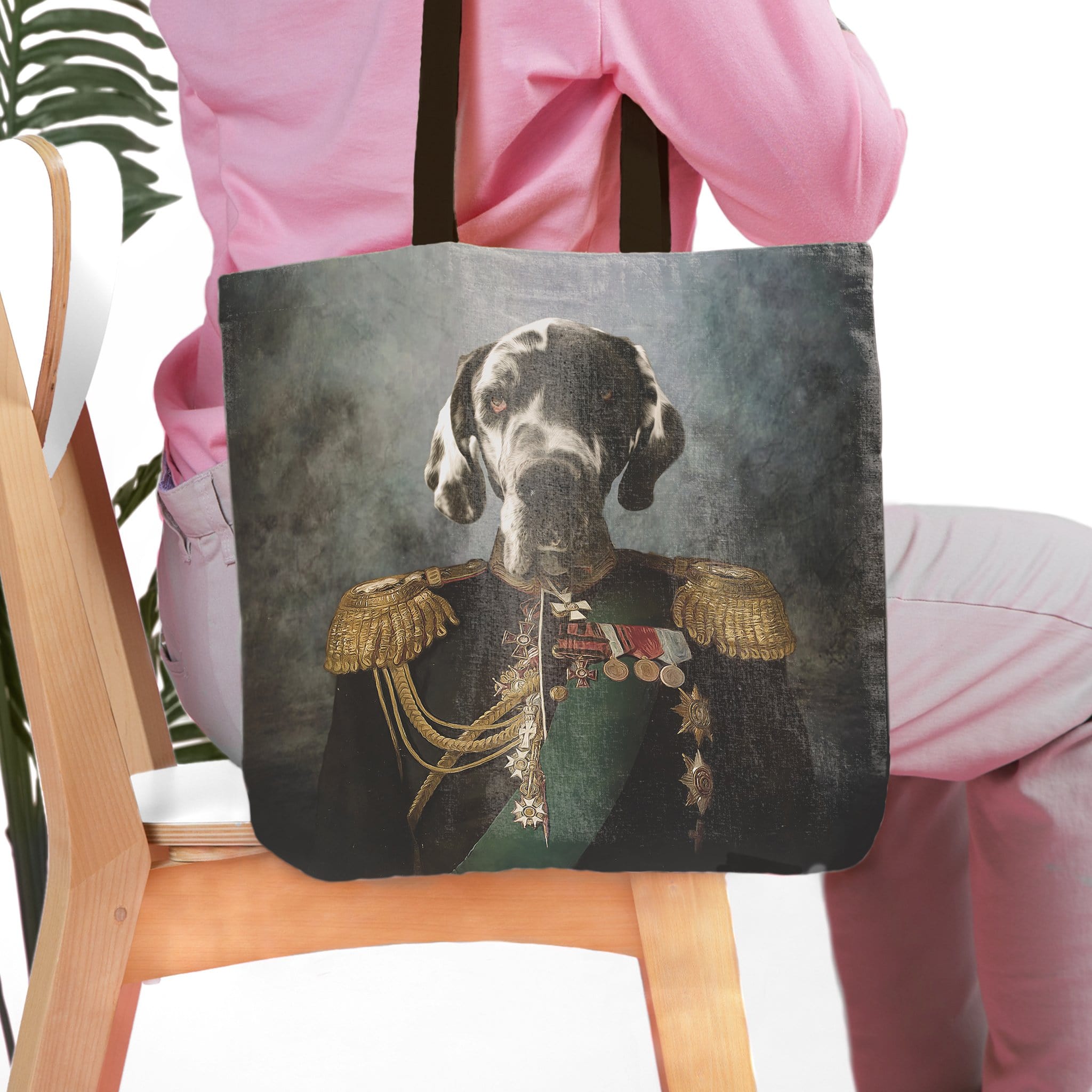 Personalized 'The General' tote bag with a custom renaissance royal pet dog portrait.