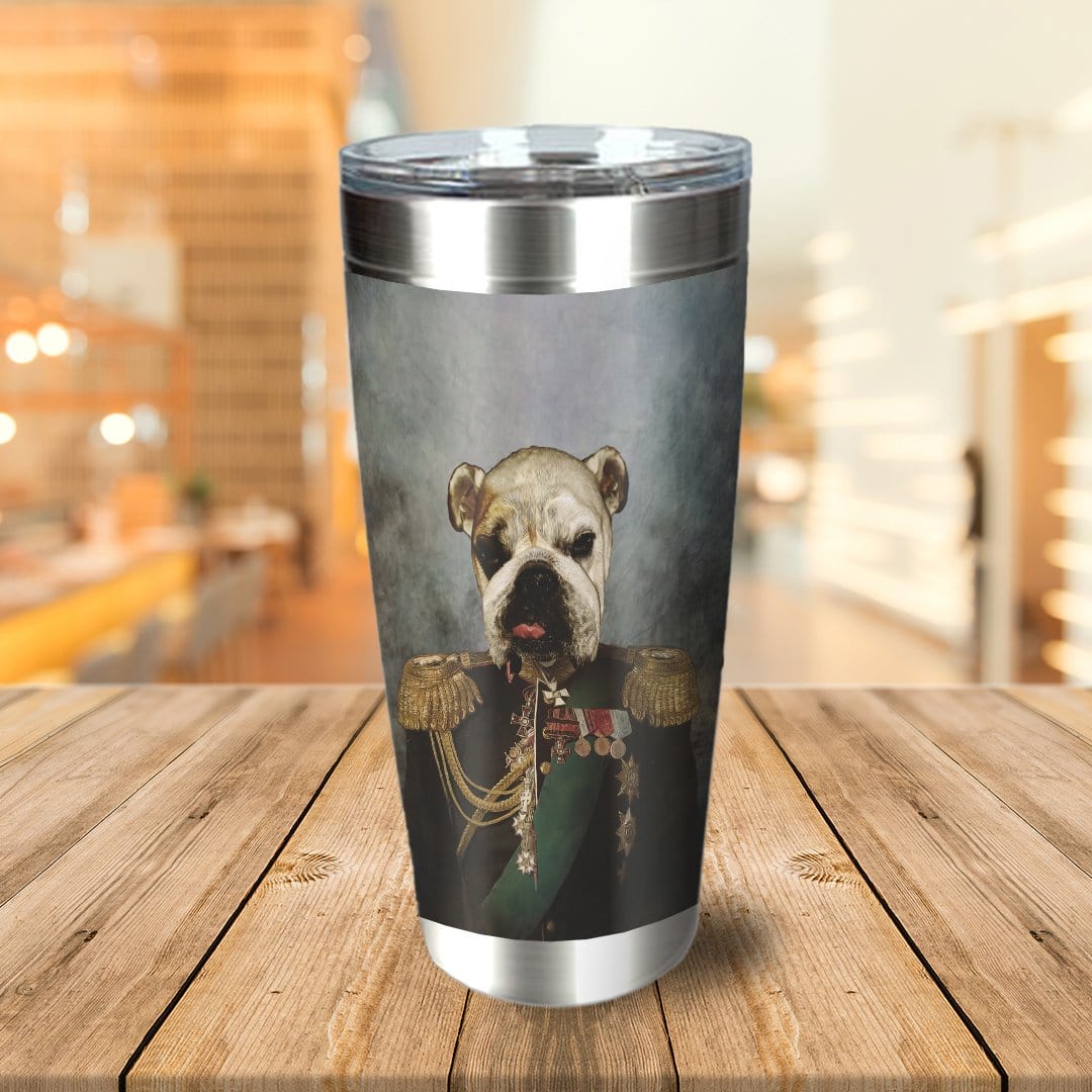 Personalized stainless steel tumbler with a custom bulldog pet portrait in a royal general's uniform.