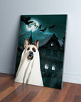 Personalized pet canvas featuring a dog in a ghost costume against a haunted house and full moon.