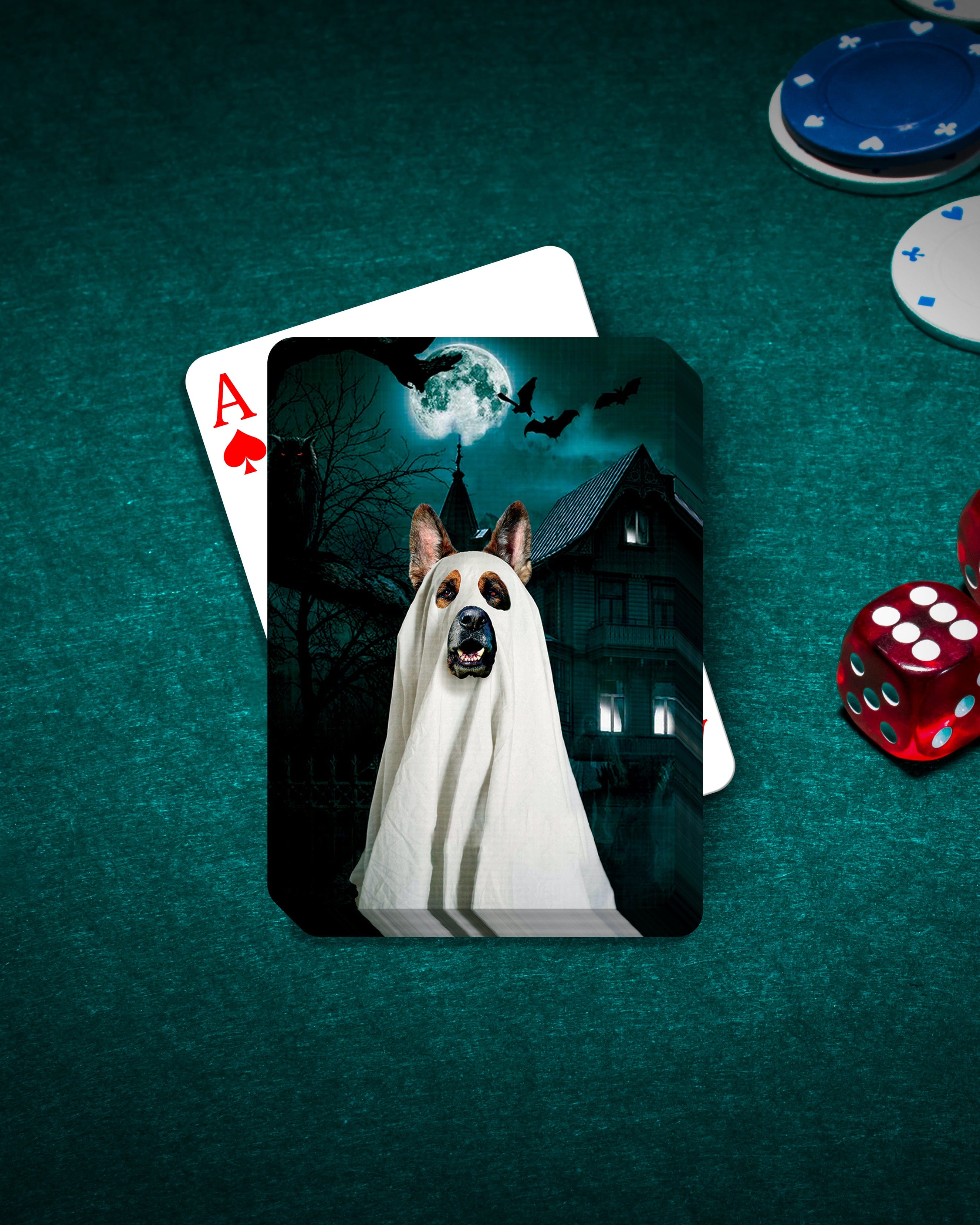 Personalized pet playing cards featuring a dog in a ghost costume against a spooky mansion under a full moon.
