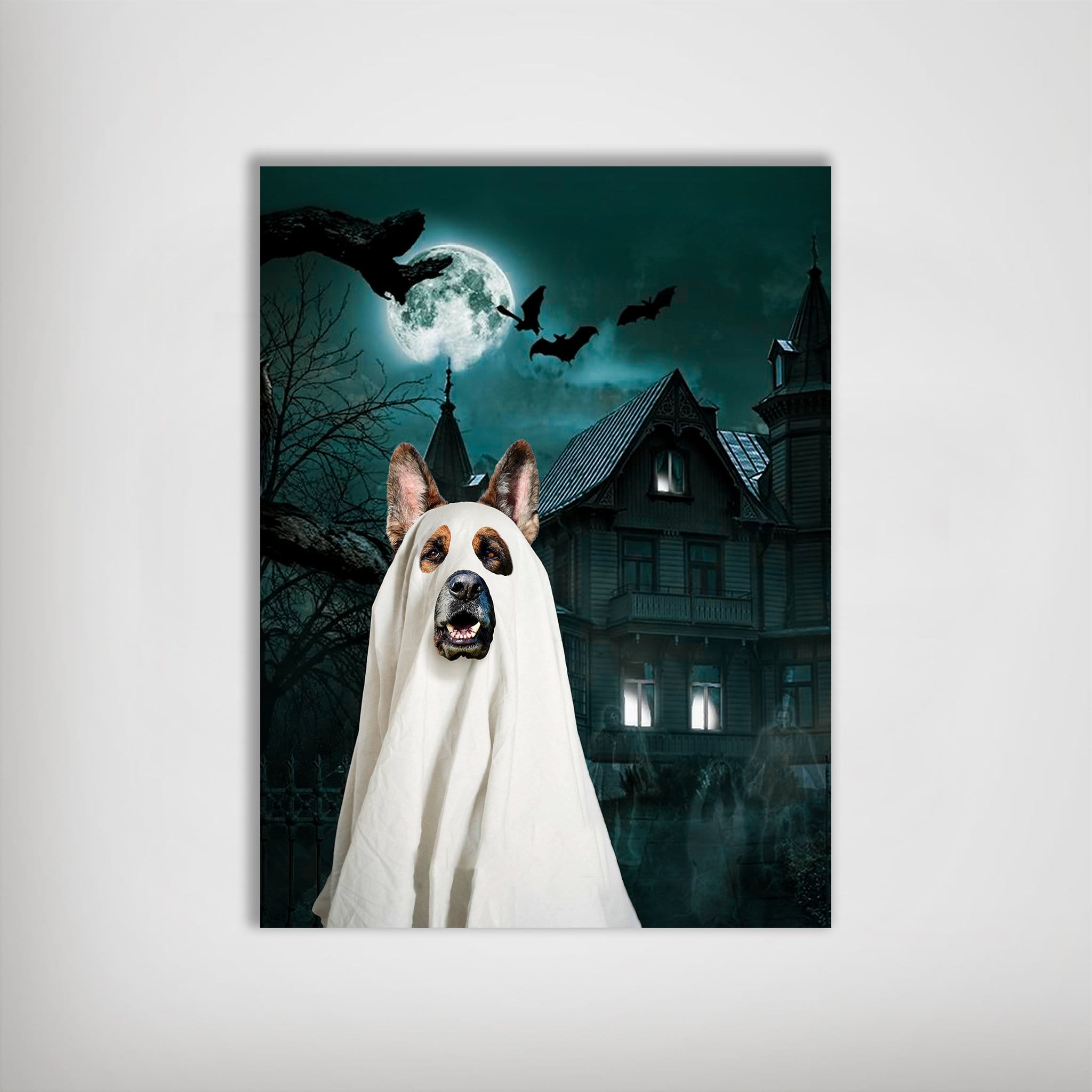 Personalized 'Ghost' pet poster featuring a dog in a white sheet against a haunted house and full moon.