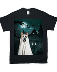 Black Gildan t-shirt with a personalized ghost dog design in front of a haunted house.