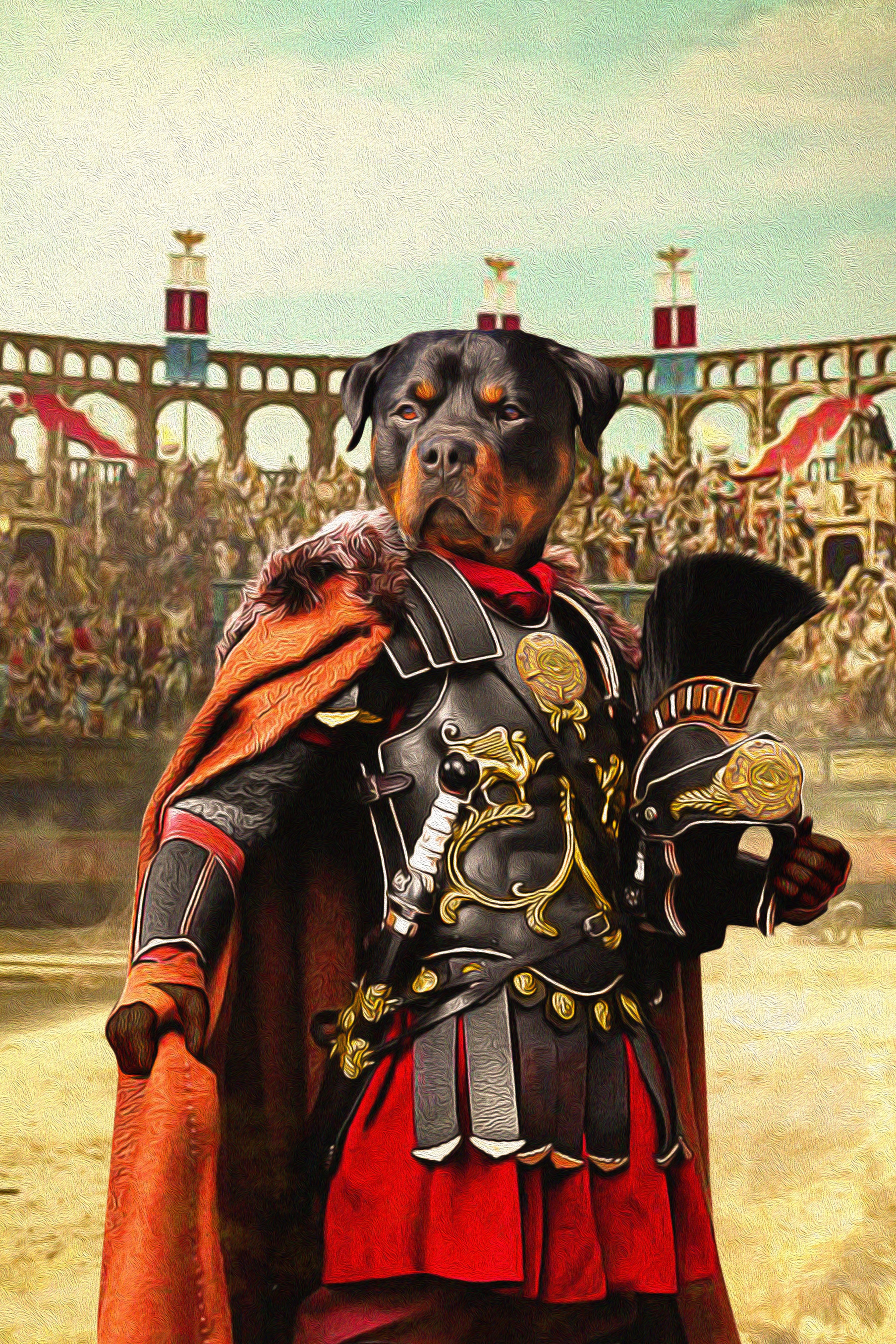 Custom digital portrait of a Rottweiler dog as a Roman Gladiator in an arena.