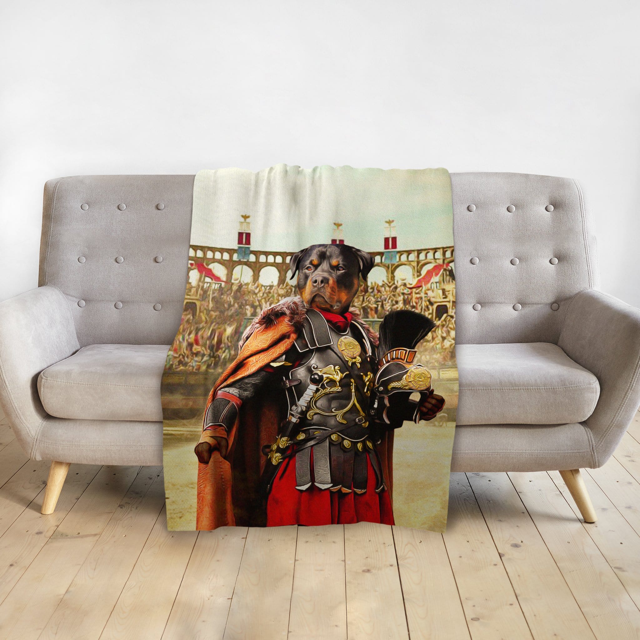 Personalized pet blanket with a Rottweiler in a Gladiator portrait, draped over a gray couch.
