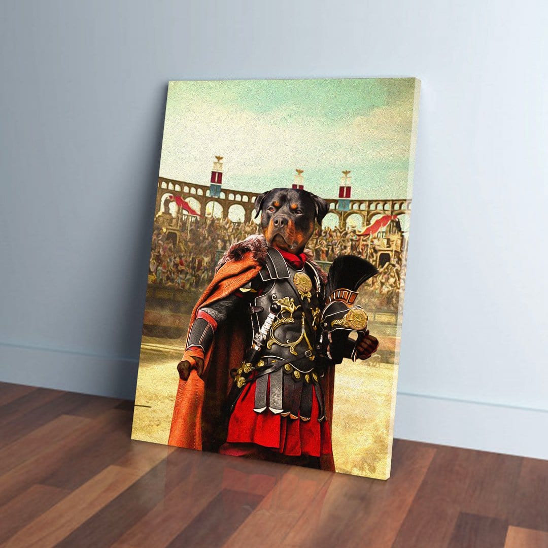 Custom 'Gladiator' pet canvas featuring a Rottweiler in Roman armor, standing in an arena.