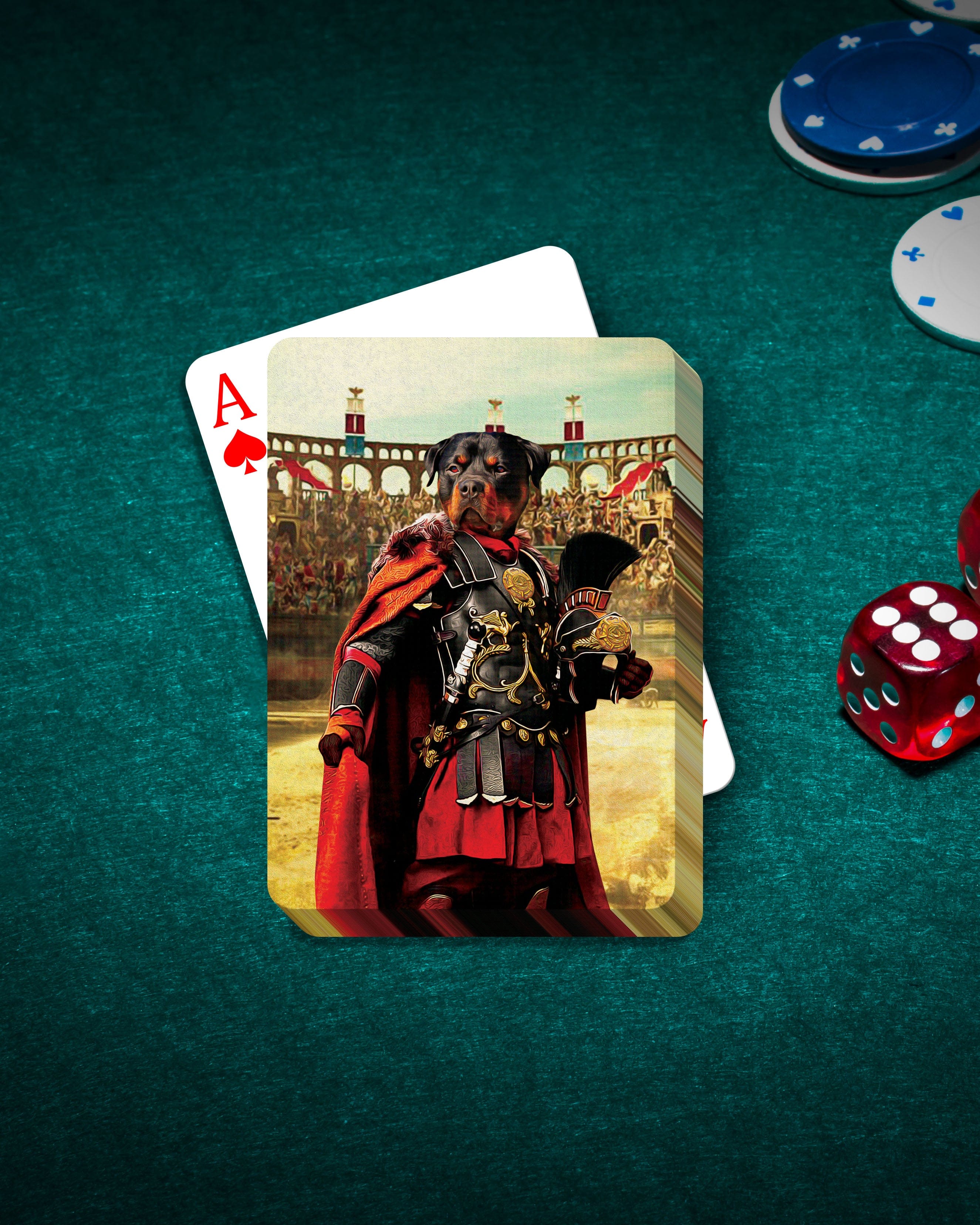 Personalized playing cards featuring a dog in a Gladiator renaissance portrait on a green felt table with poker chips and dice.