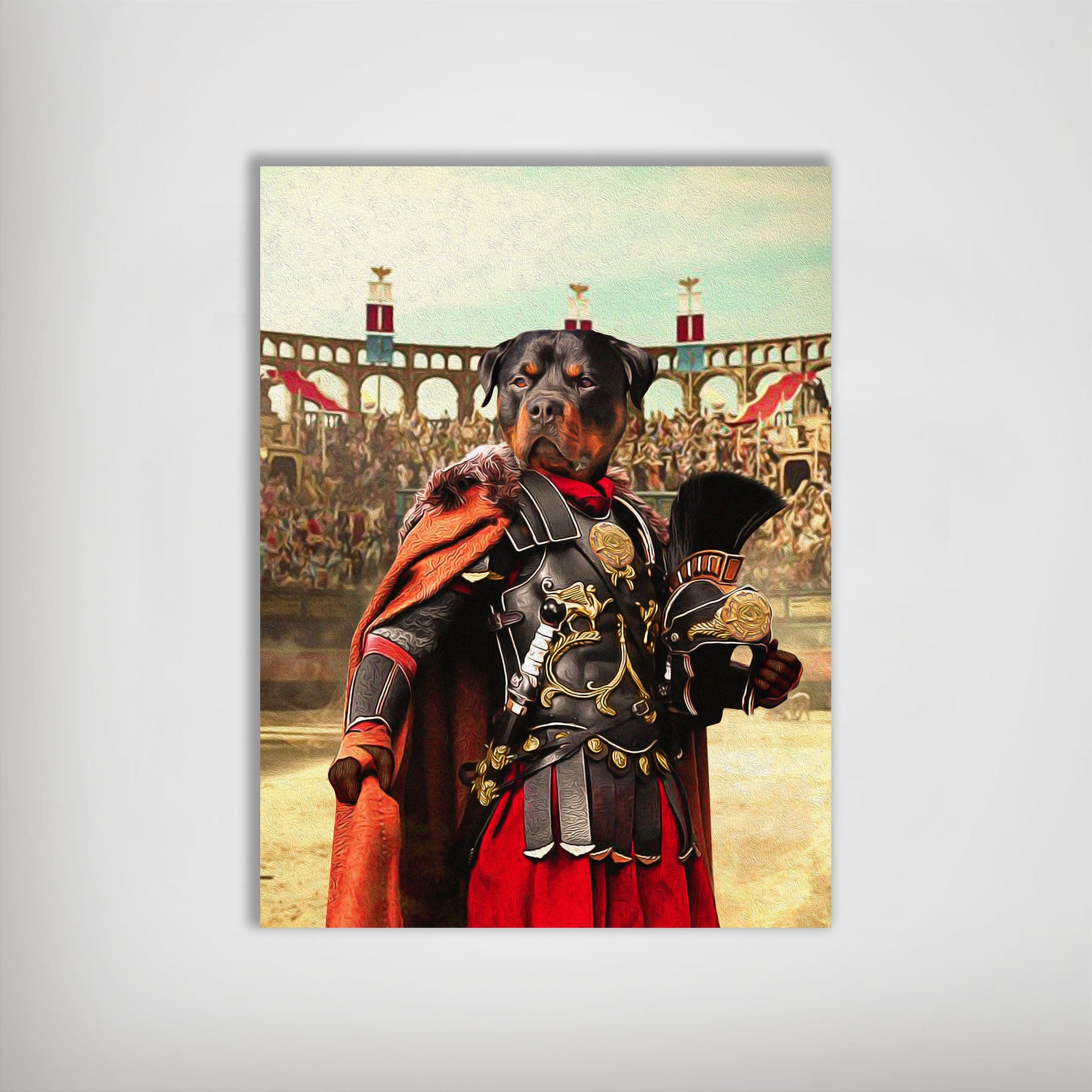 Personalized pet poster featuring a Rottweiler as a Roman Gladiator in an arena, matte finish.