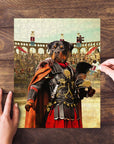 Personalized Rottweiler pet puzzle in a Gladiator costume, with hands assembling pieces.