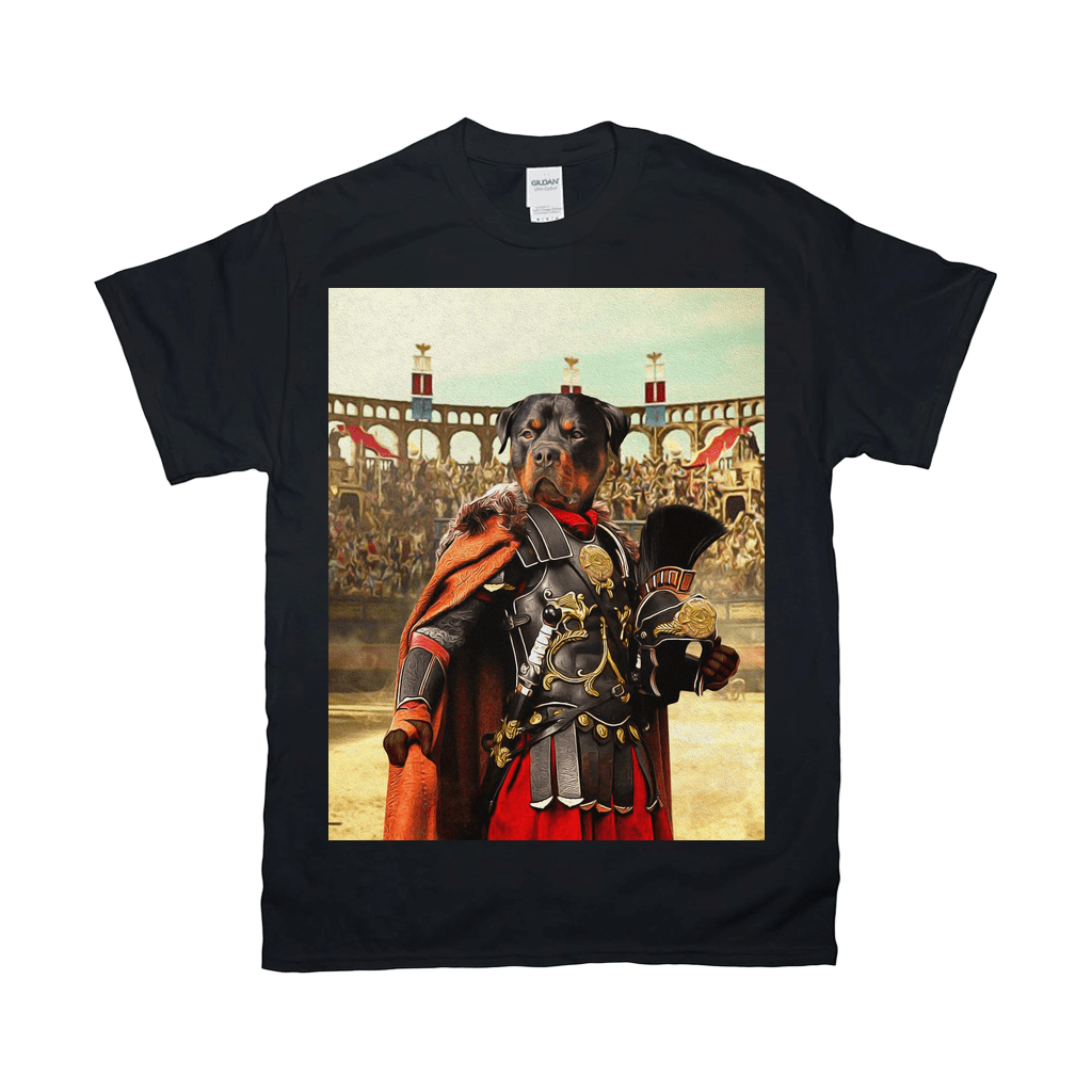 Black Gildan t-shirt featuring a Rottweiler in Gladiator armor with a red cape, standing in an arena.