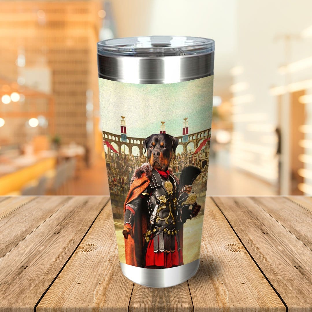 Personalized stainless steel tumbler with a Rottweiler pet portrait in a Gladiator costume.