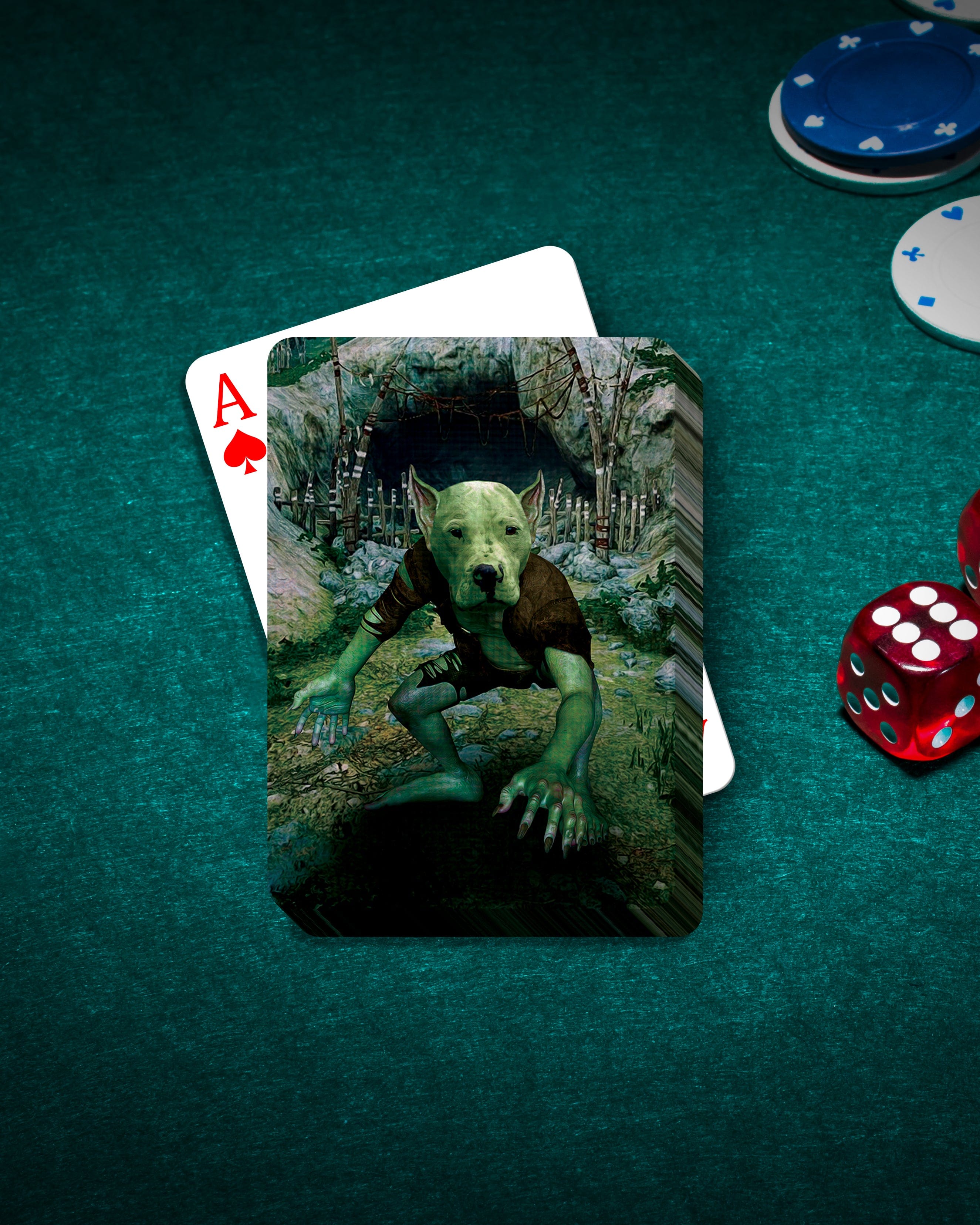 Custom pet portrait playing cards featuring a dog's face on a green goblin body, with poker chips and dice.