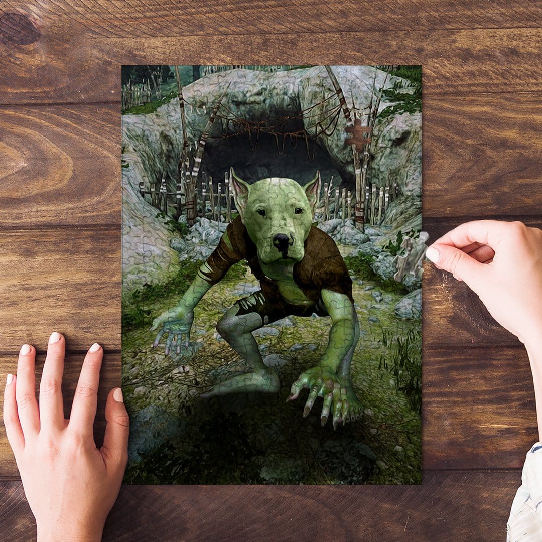 Personalized pet puzzle featuring a dog's face on a green goblin body in a cave setting.