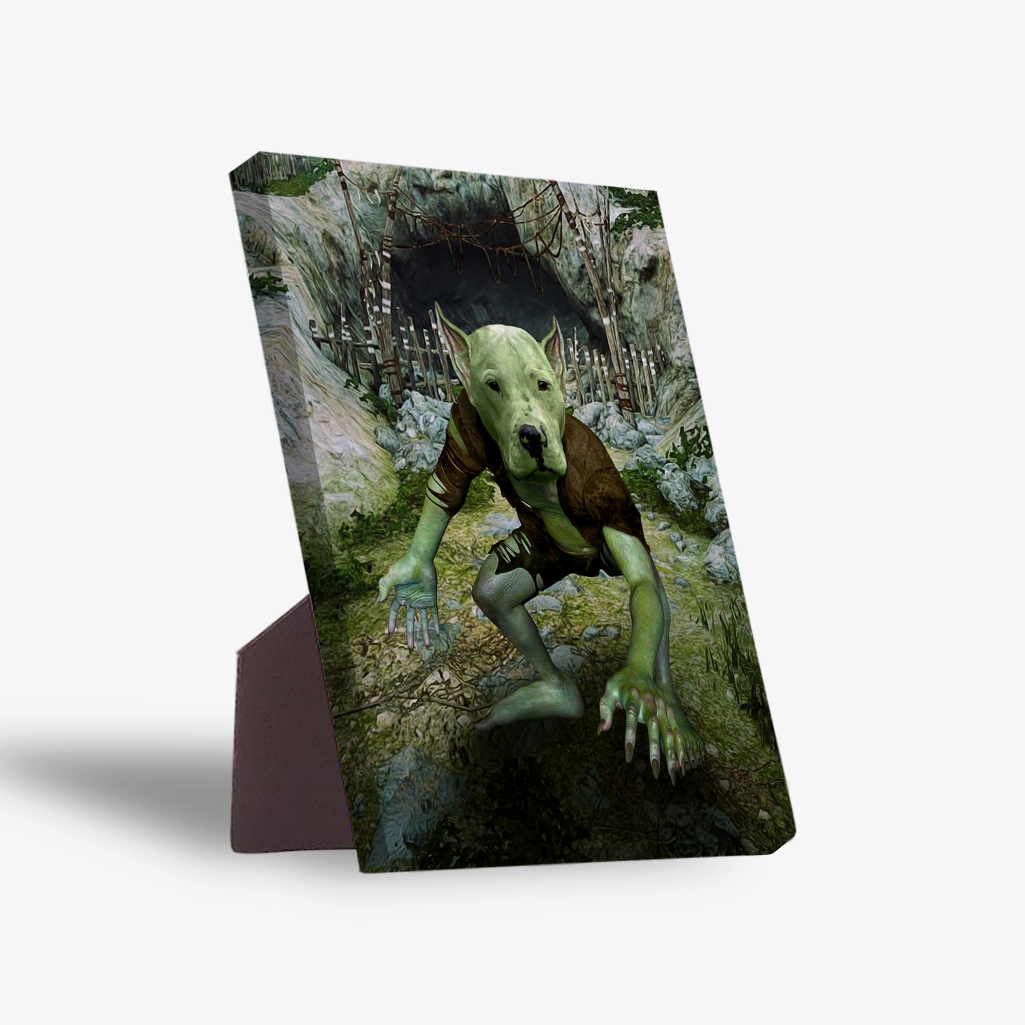 The Goblin personalized pet standing canvas featuring a green goblin-like creature with a dog's face.