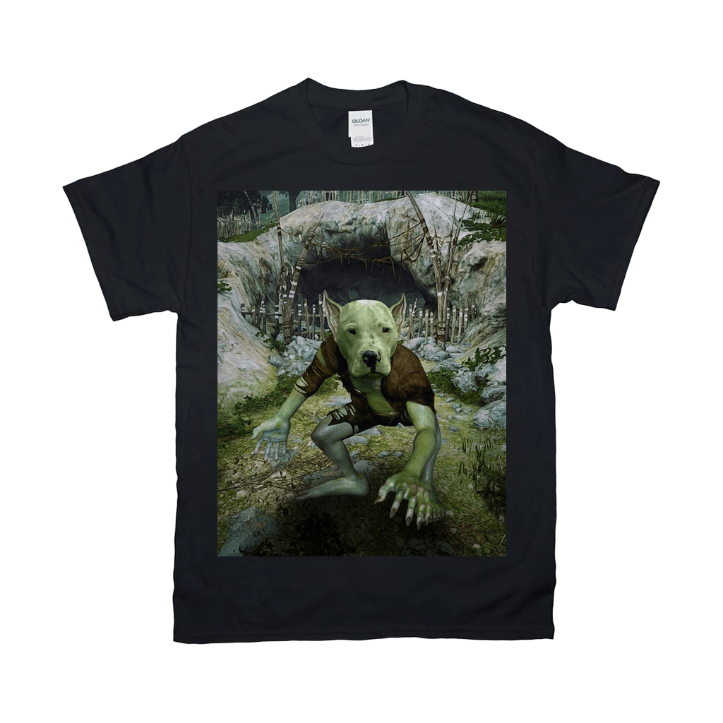 Black Gildan t-shirt featuring a personalized "Goblin" pet design with a dog's face.