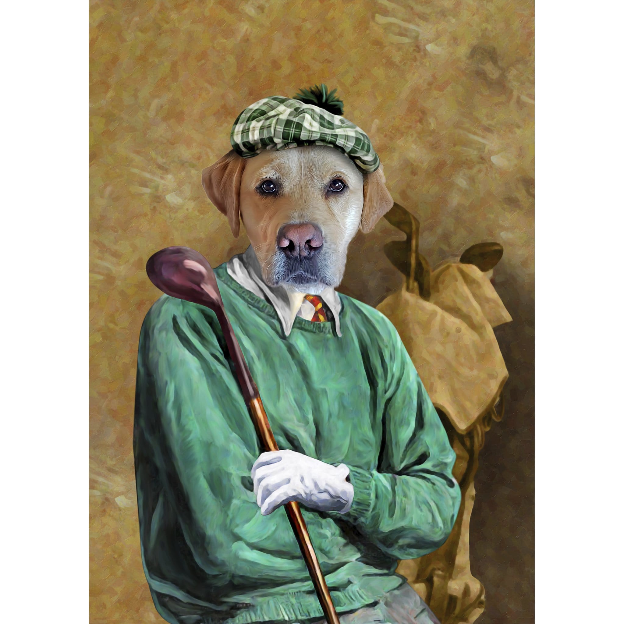 Custom digital portrait of a Labrador dog dressed as a golfer in a green sweater and plaid hat.